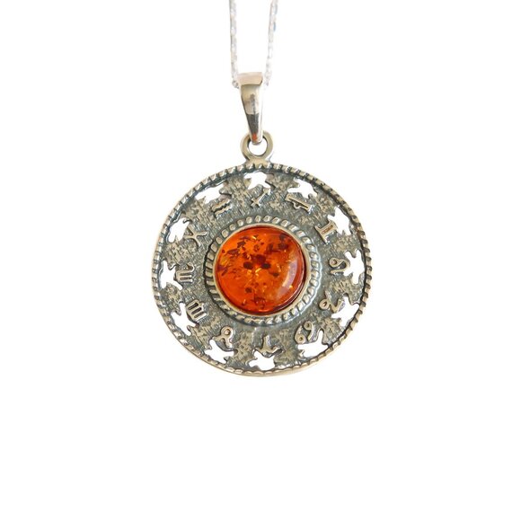 Baltic Amber Egyptian Pendant Necklace in 925 Sterling Silver